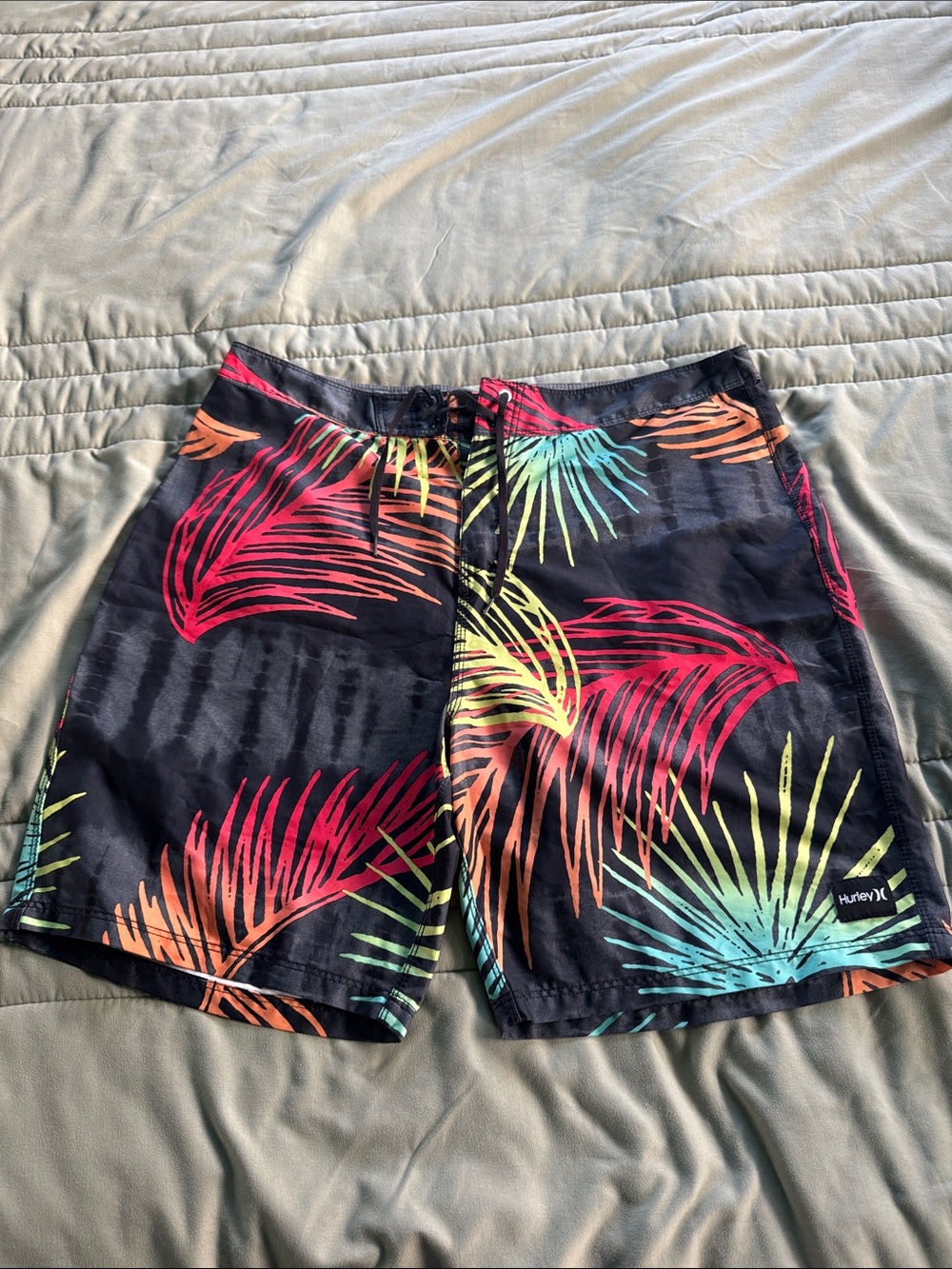 Hurley Black Board Shorts with Neon Tropical Palm Print